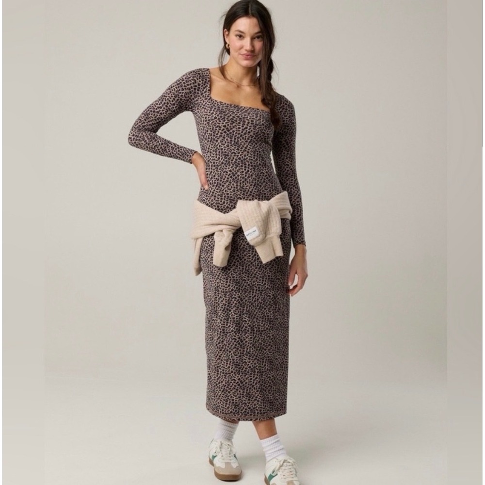 Offline by Aerie Long Sleeve Cheetah Square Neck Maxi Dress with Built in Bra